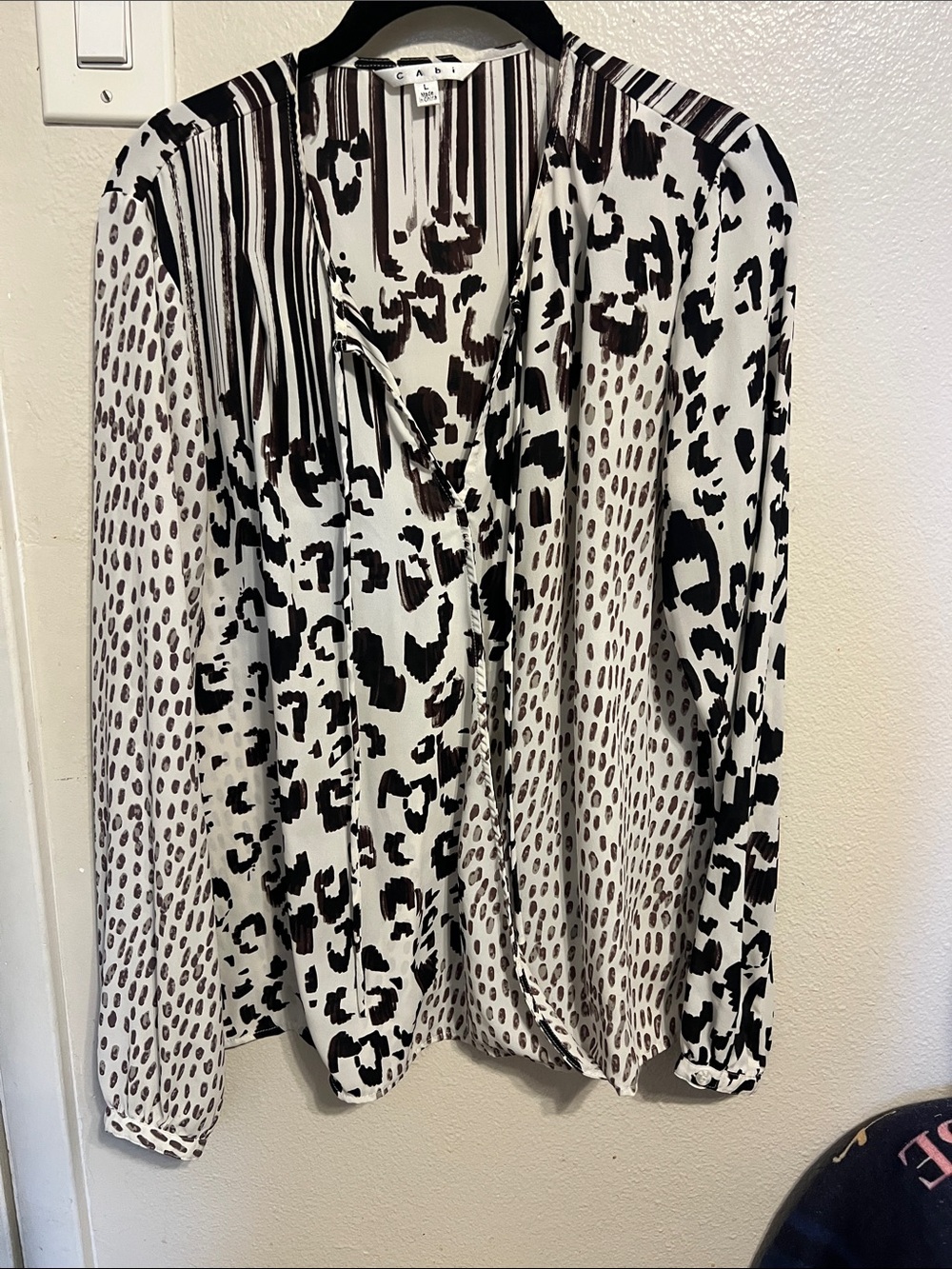 CAbi Black & White Mixed Animal Print Long-Sleeve Blouse
